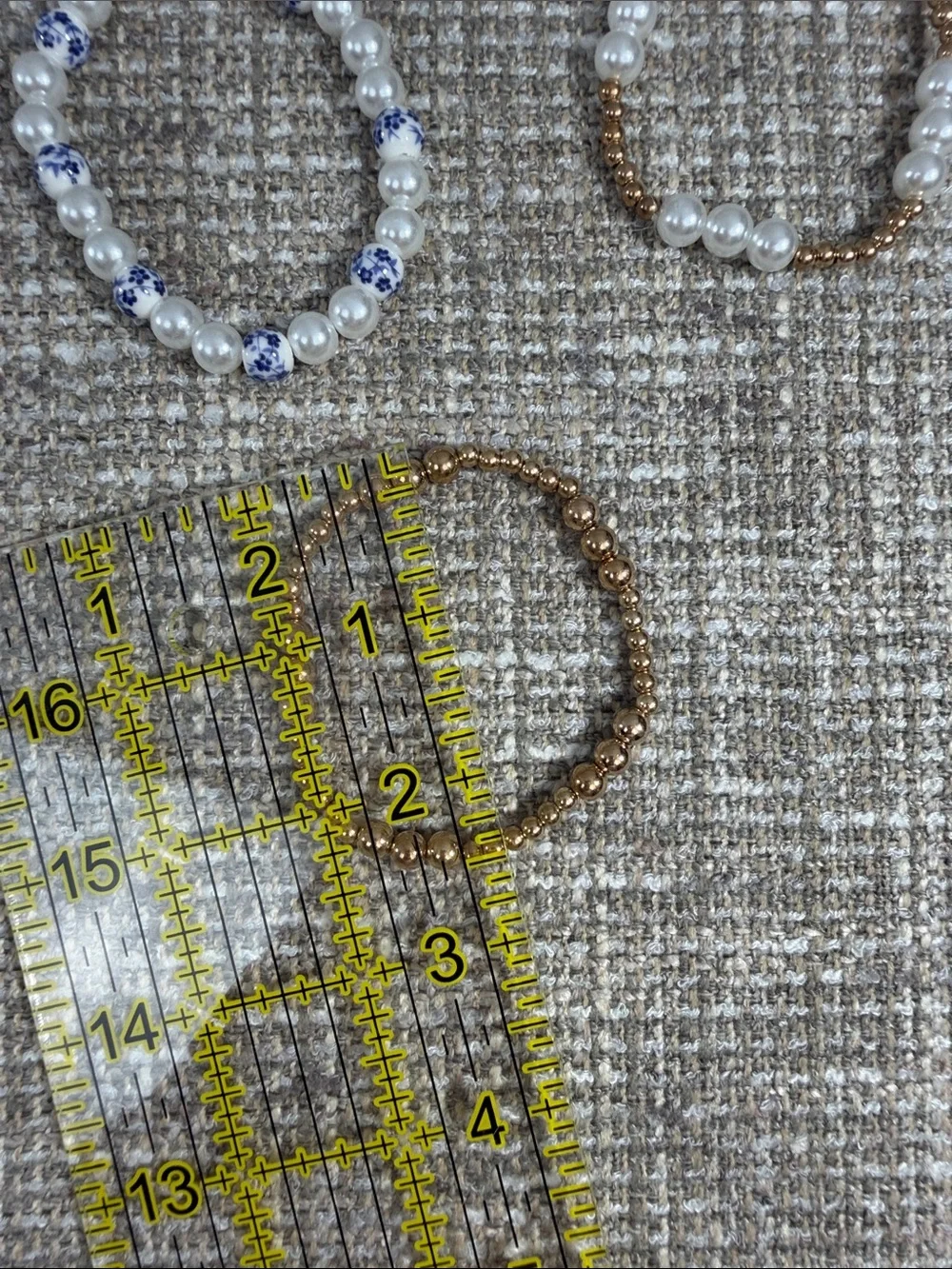 Beaded Stretch Bracelet Set - Gold, White, Blue flowers